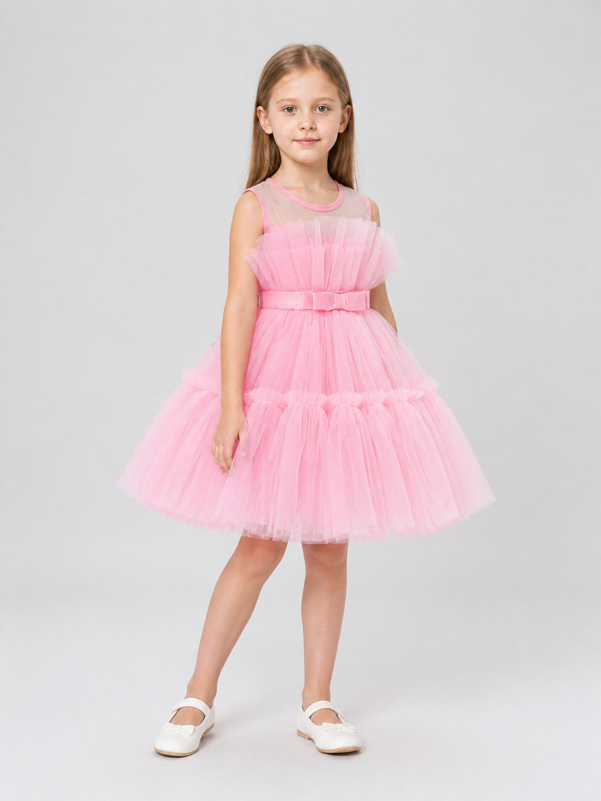 Puffy Pink Dress with a Layered Skirt and Bow Costume Dresses detail