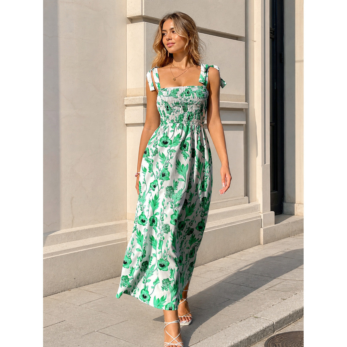 Women's Long Dress with Floral Print and Shoulder Ties