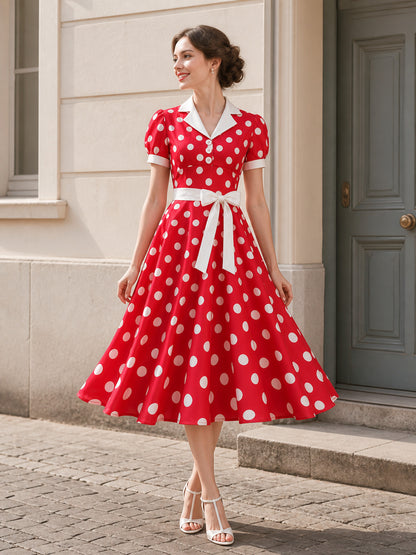 Polka-Dot Dress with a Fold-Over Collar and Belt Costume Dresses detail