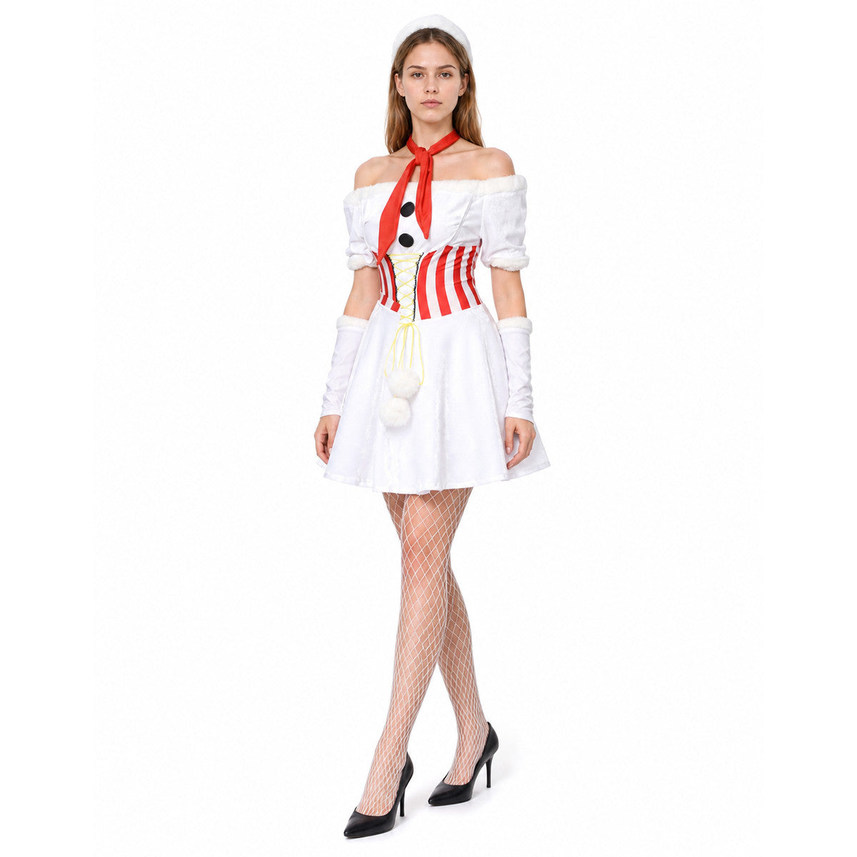 White Snowman Carnival Dress with Pom-Poms Costume Dresses detail