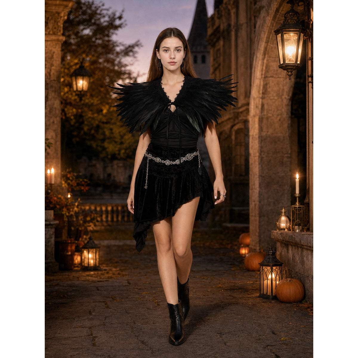 Black Feather Lace Shawl, Single-Layer Shoulder Wrap With Front Bow Tie, Layered Feather-Style Edges And Lace Trim Accessory
