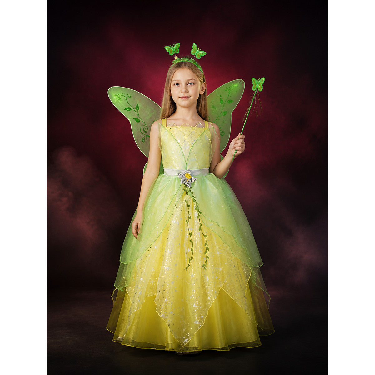Girls' Fairy Princess Costume Dress with Butterfly Wings and Green Vine Pattern lifestyle