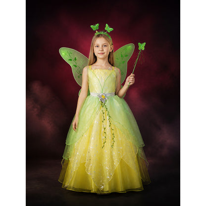 Girls' Fairy Princess Costume Dress with Butterfly Wings and Green Vine Pattern lifestyle