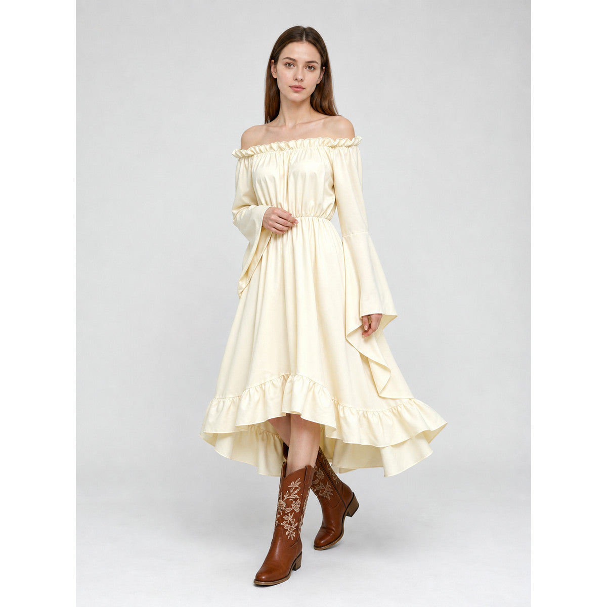 Off-the-Shoulder Dress with Sleeves and Ruffles