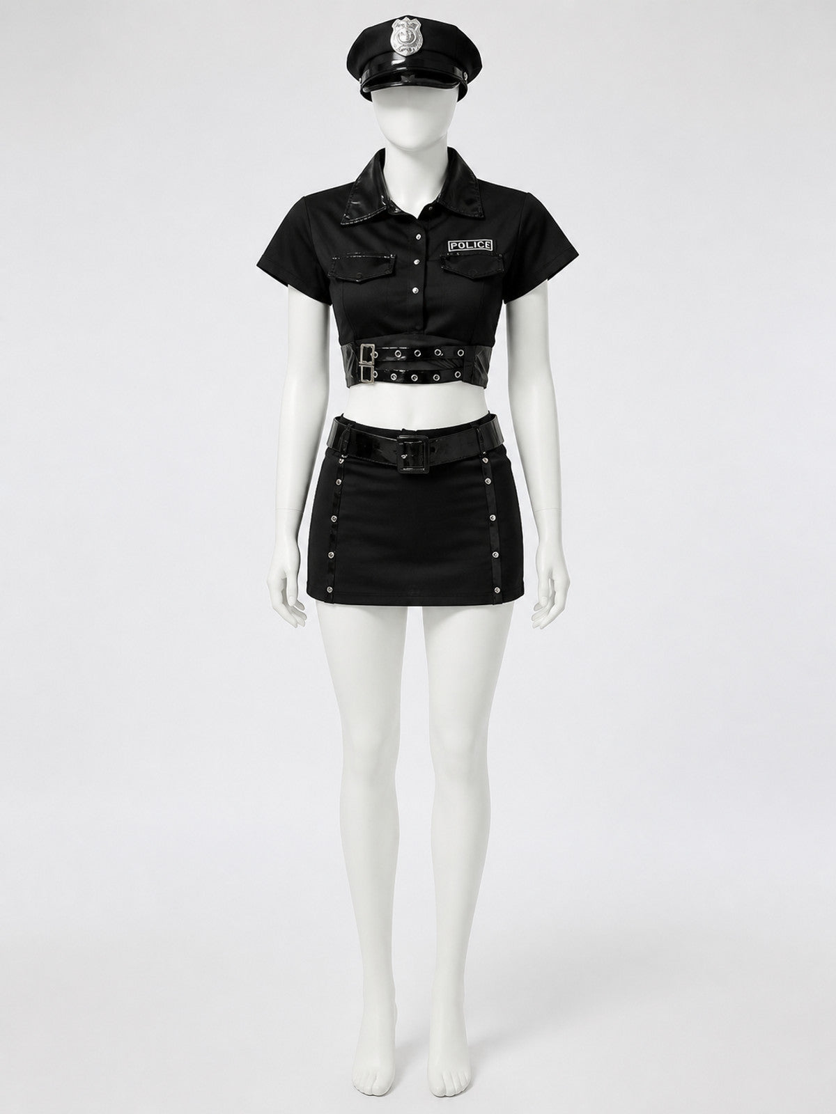 Women's Police Officer Costume Set, Black Crop Top with Skirt, Sexy Halloween main product view