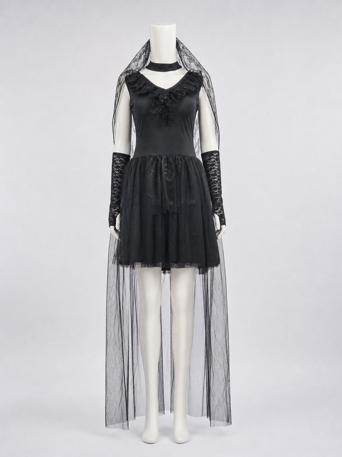Black Gothic-Style Dress with Veil and Gloves Costume Dresses detail