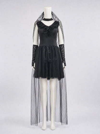Black Gothic-Style Dress with Veil and Gloves Costume Dresses detail