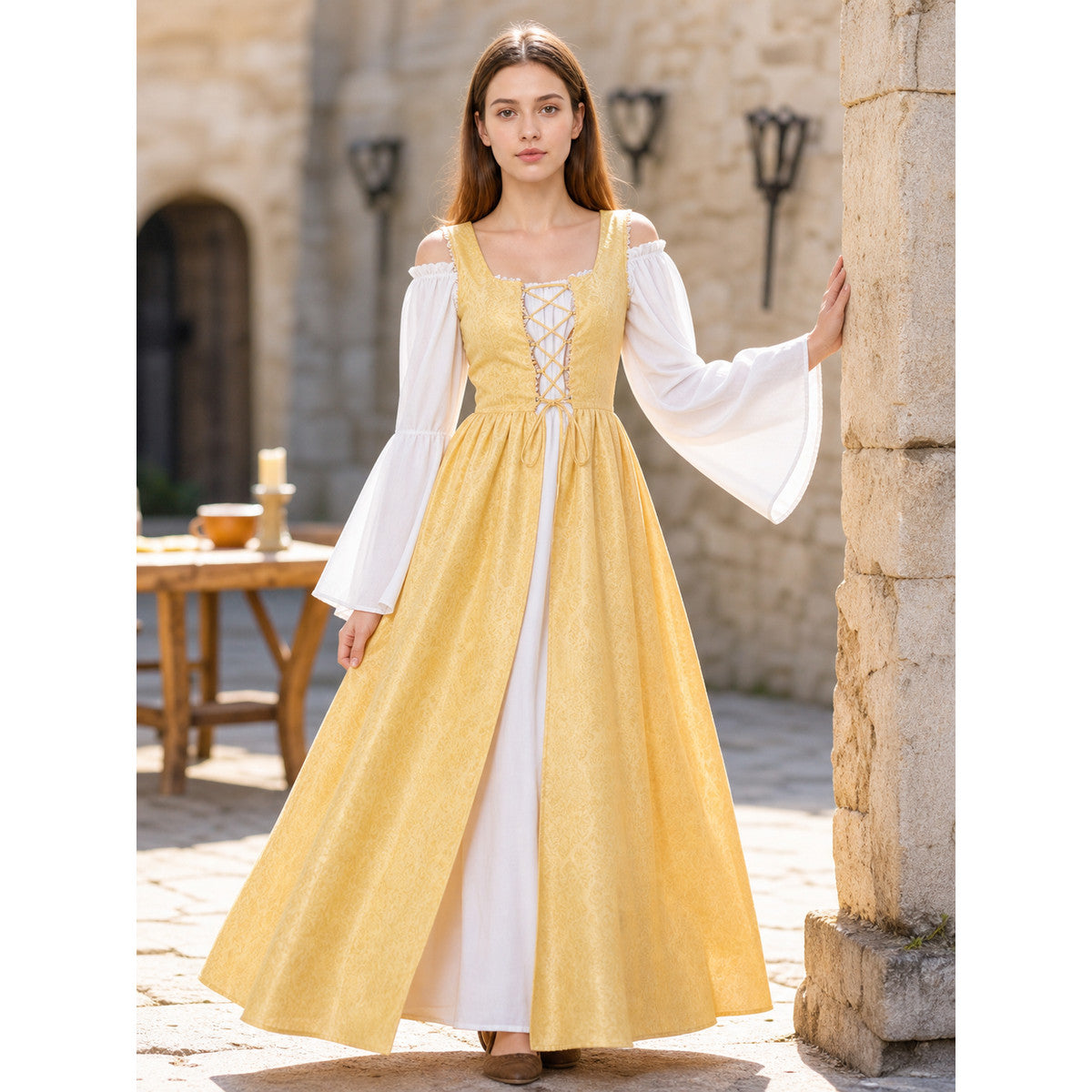 The yellow dress is designed in a fairytale costume style with distinctive lifestyle view