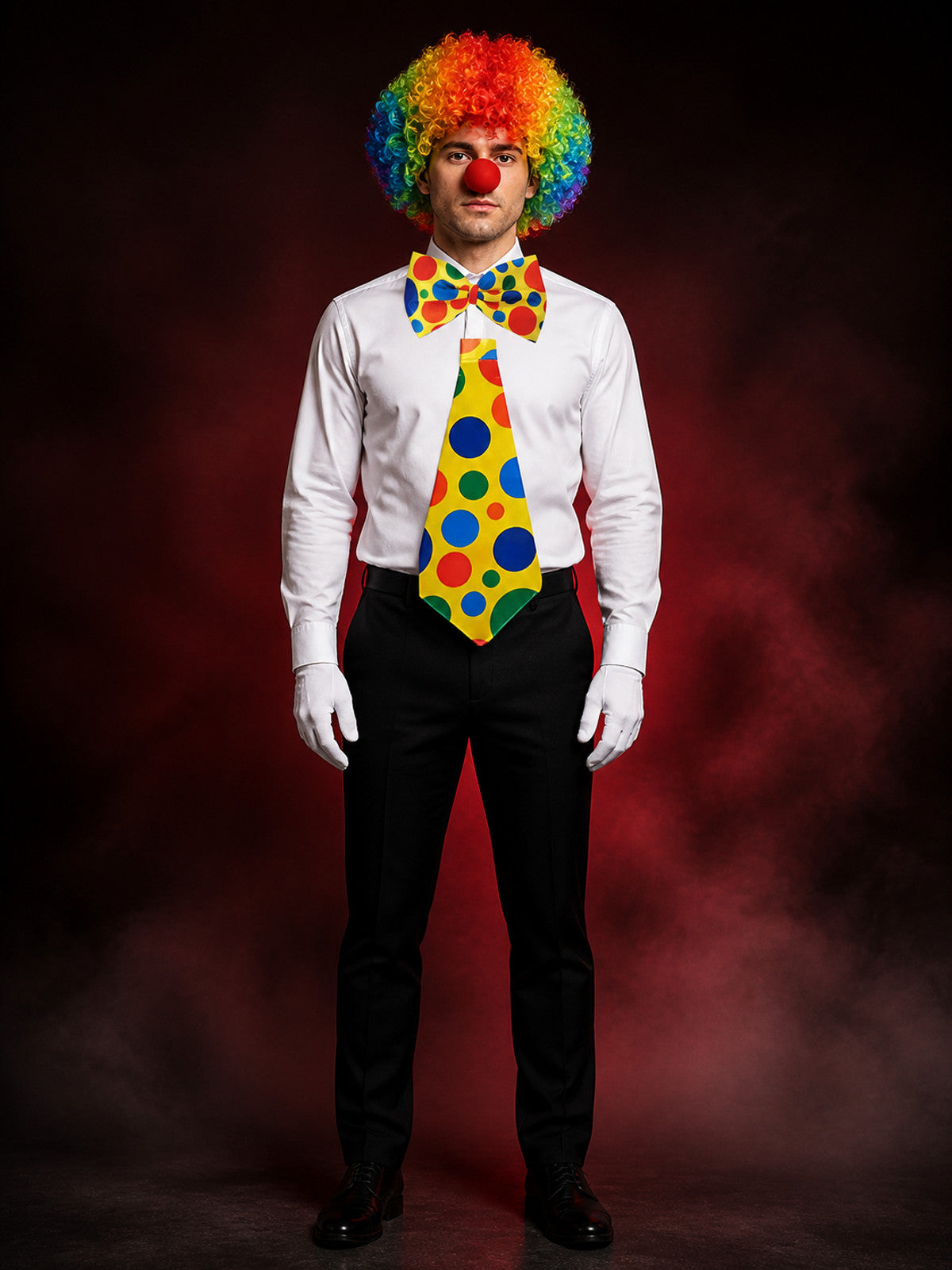 Colorful Unisex Clown Costume Accessory Set with Wig, Red Nose, Bow Tie & Gloves main product view