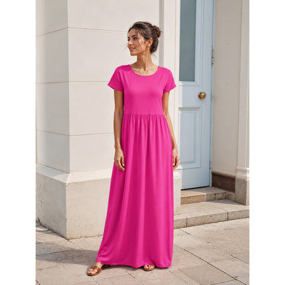 Women's Long Dress with Short Sleeves and Pleats