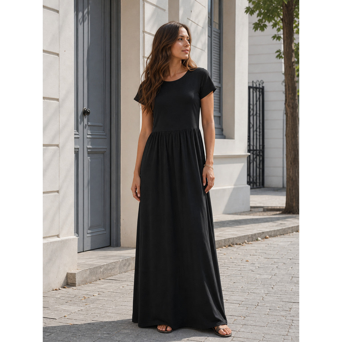 Women’s Black Maxi Dress with Short Sleeves
