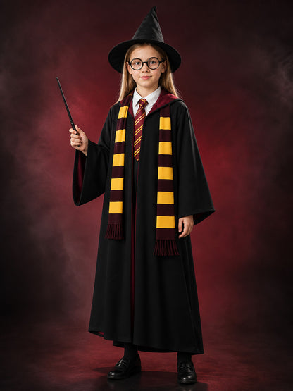 Wizard Costume Set With Hooded Robe, Hat, Scarf, Tie, Wand And Round Glasses main product view