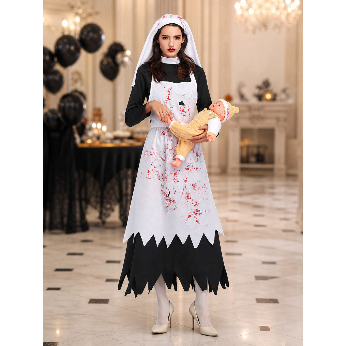 Halloween Costume: Black-and-White Robe with Bloody Pattern