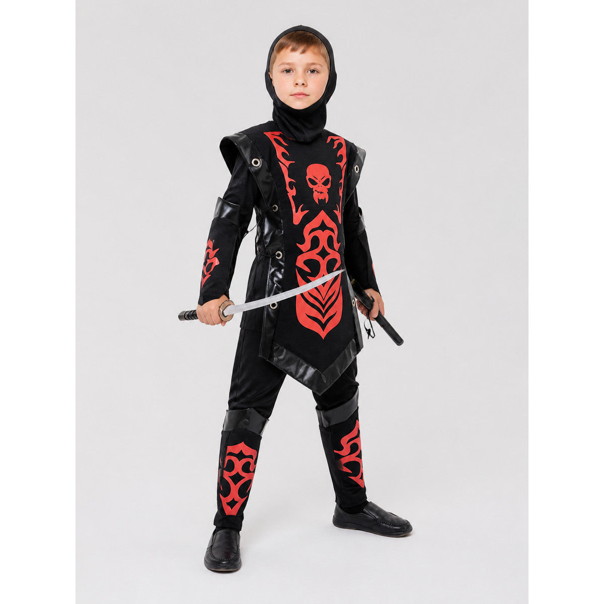 Ninja Costume with Mask and Red-and-Black Pattern on-model front view