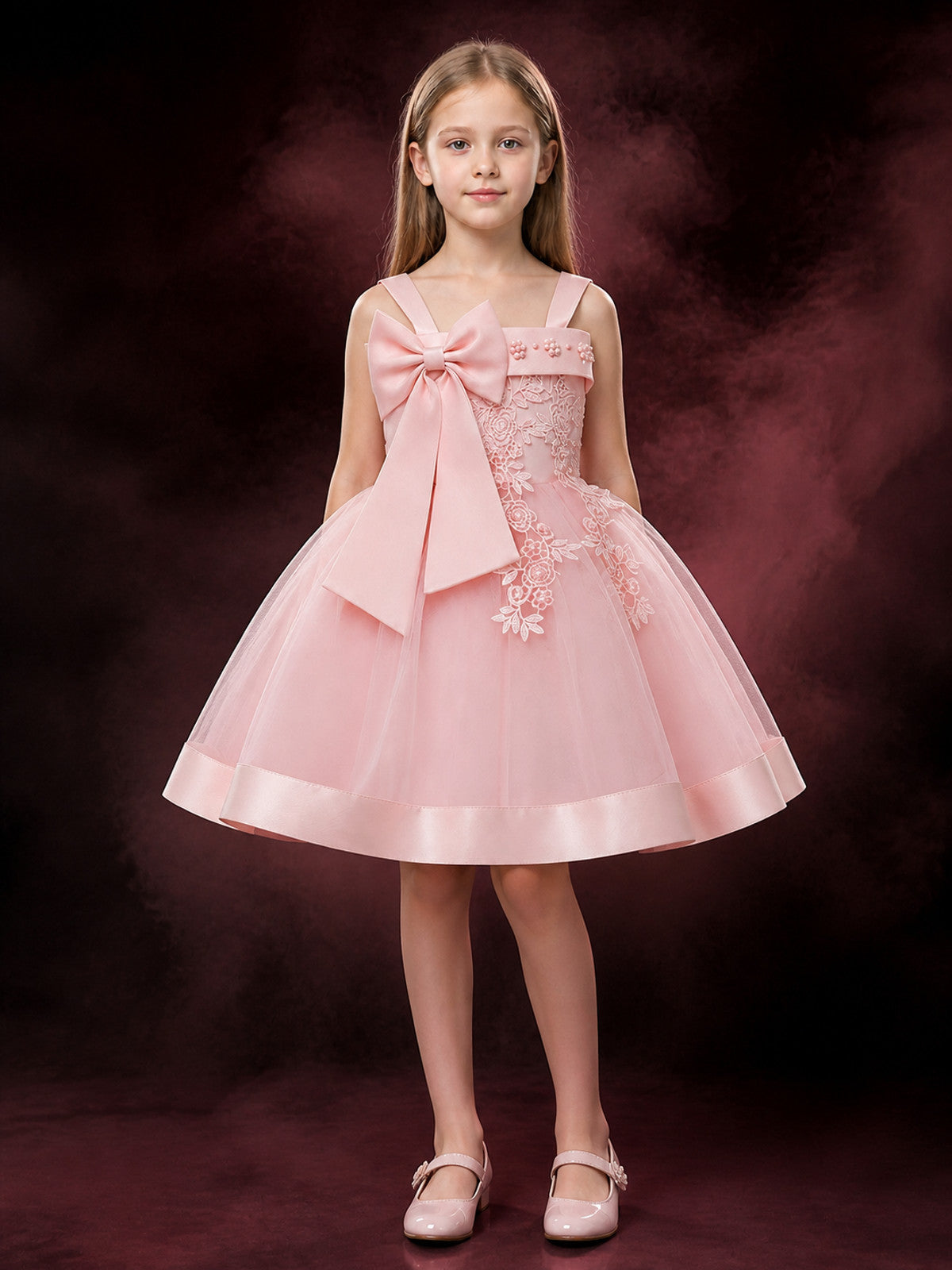 Girls' Princess Party Dress, Layered Tulle Skirt with Bow and Lace Embroidery main product view