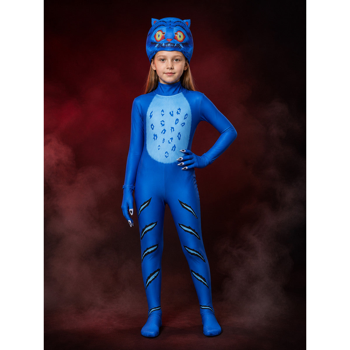 Kids Blue Tiger Animal Costume Bodysuit Set with Hood and Gloves, Paw Print main product view