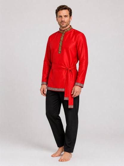 Red Russian Folk Costume with Embroidery and Ties