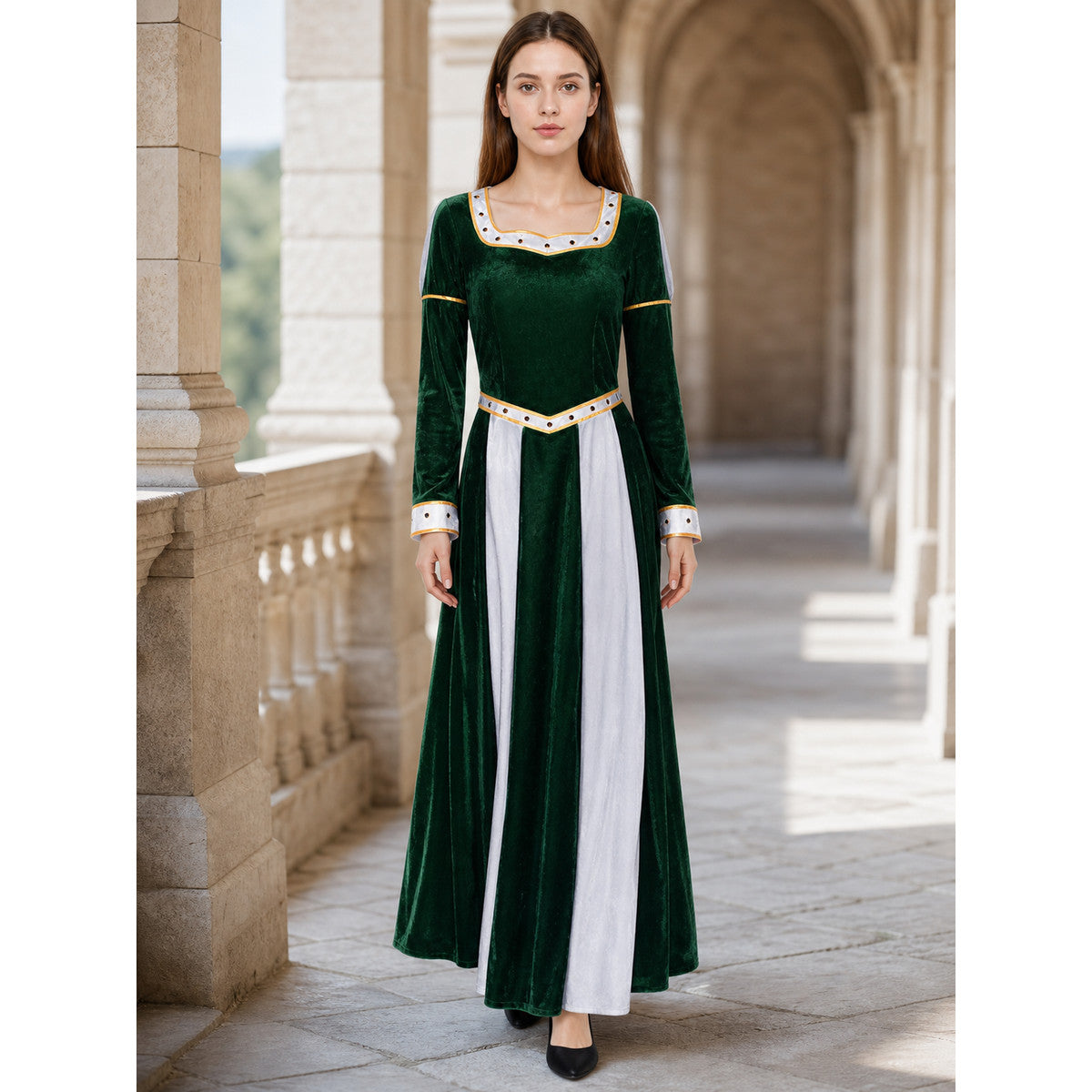 Fiona Cosplay Dress, Green with White Insert