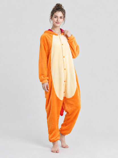 Orange Hooded Pajama Jumpsuit with Light-Colored Panel