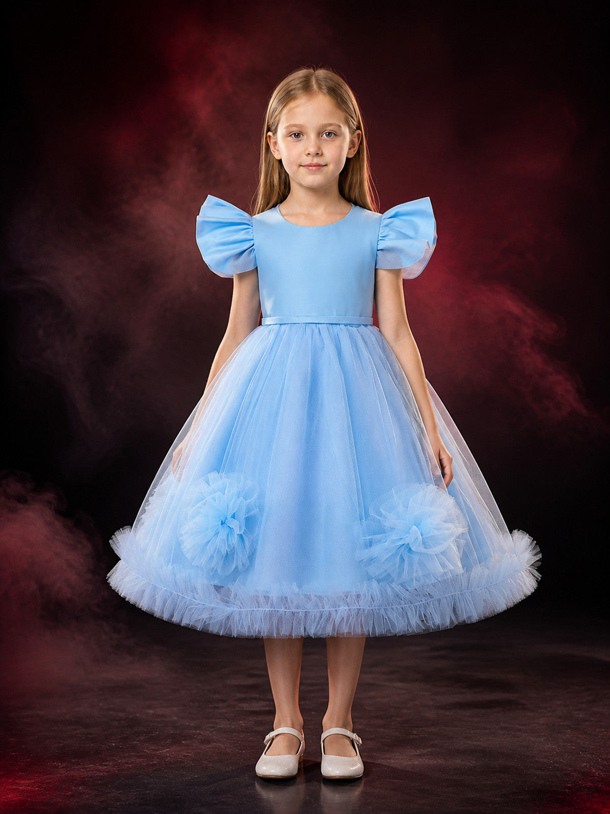 Girls' Sky Blue Princess Dress, Floral Tulle Flutter Sleeve Tutu Gown main product view