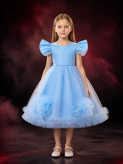 Girls' Sky Blue Princess Dress, Floral Tulle Flutter Sleeve Tutu Gown main product view