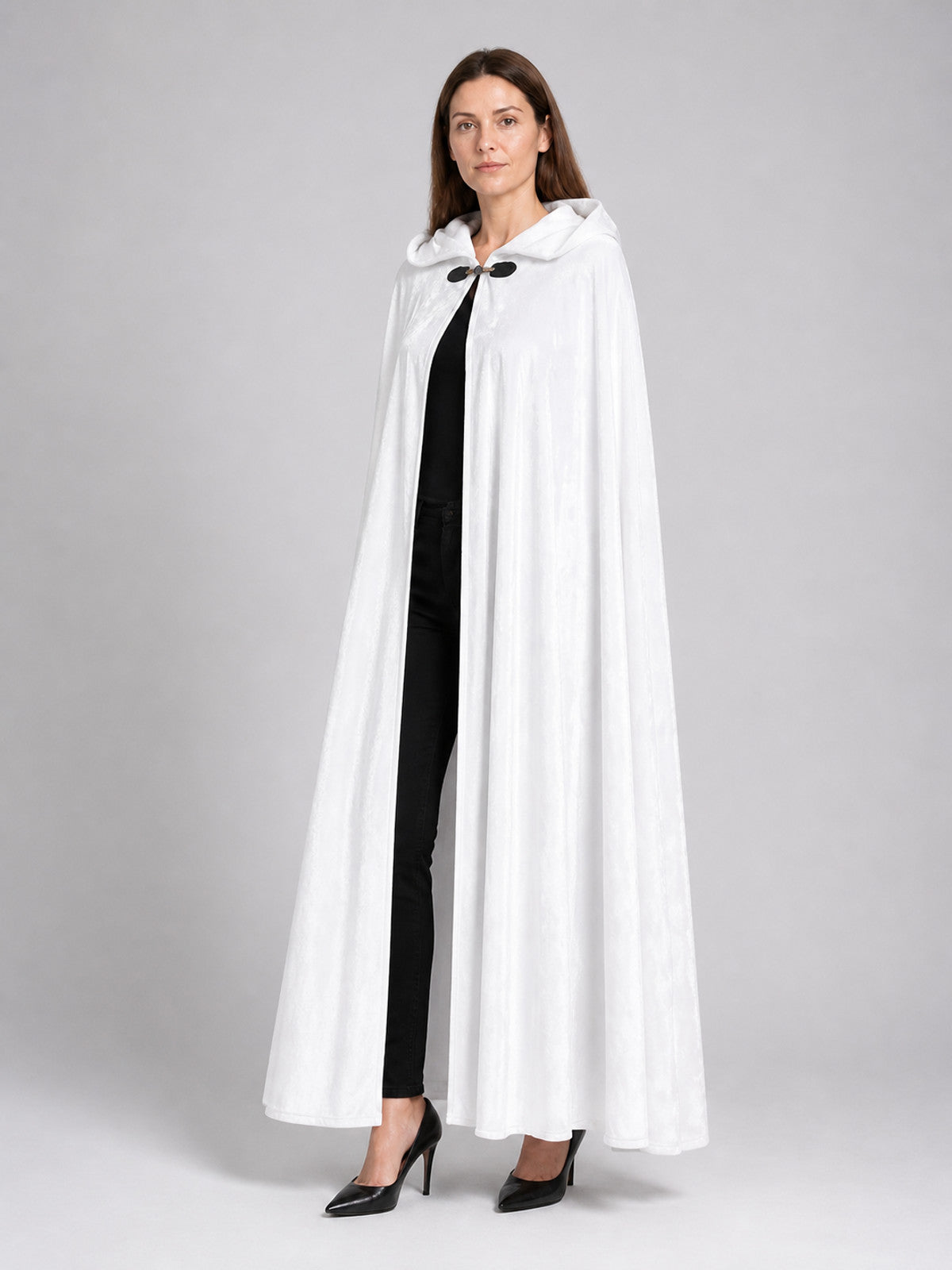 White Long Hooded Cape with Black Bow