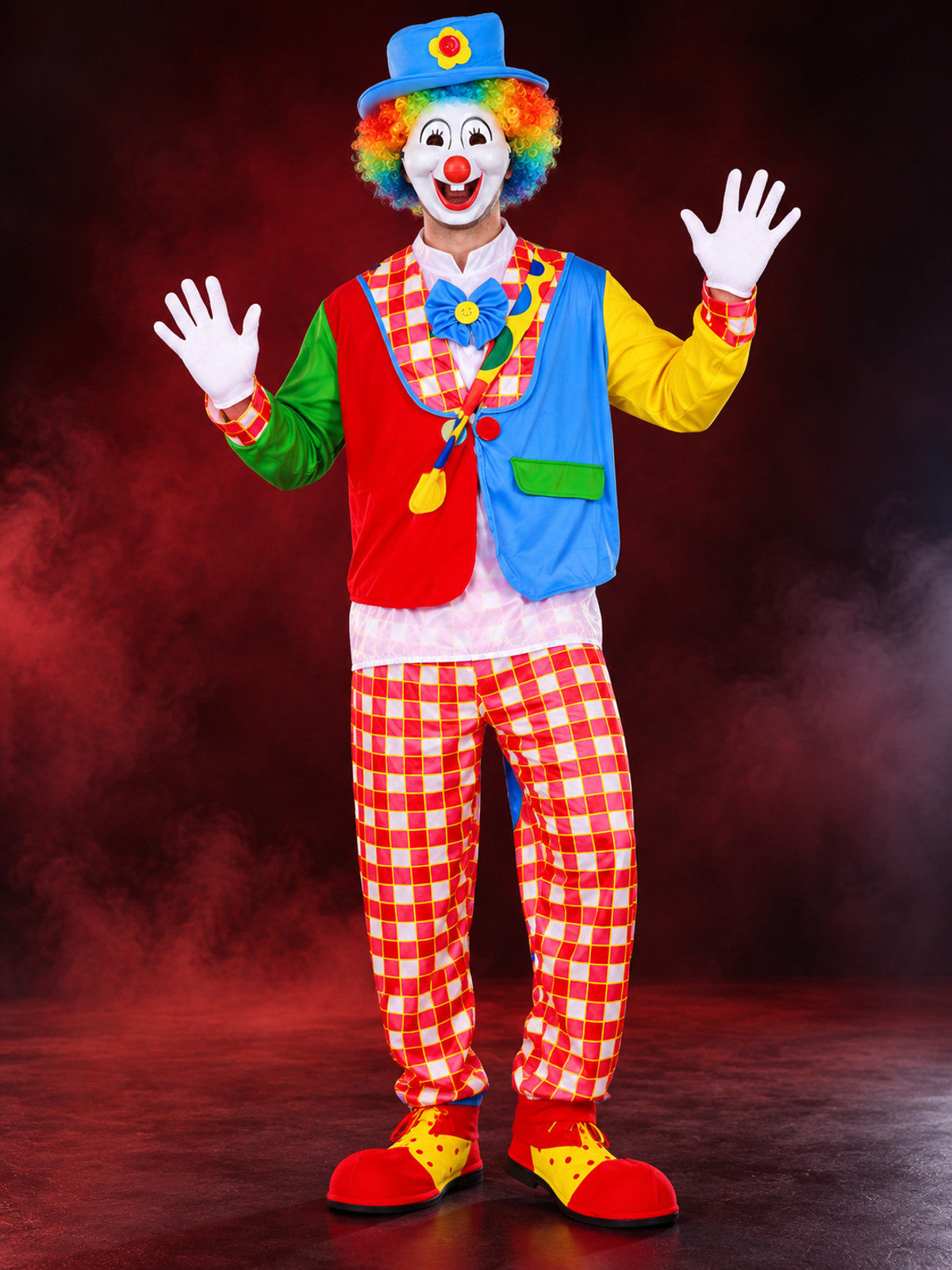 Adult Clown Costume, 6 Pieces, Wig and Mask