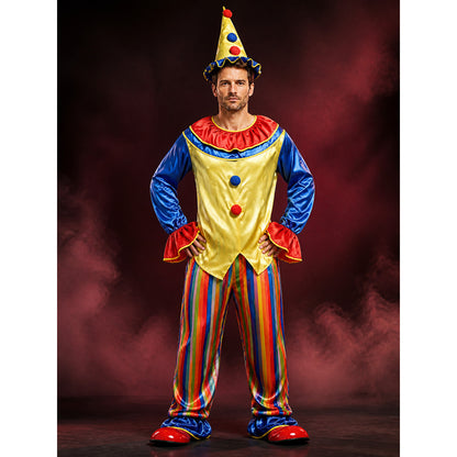 Unisex Adult Clown Costume Set, Striped Jumpsuit with Polka Dot Top and Jester lifestyle