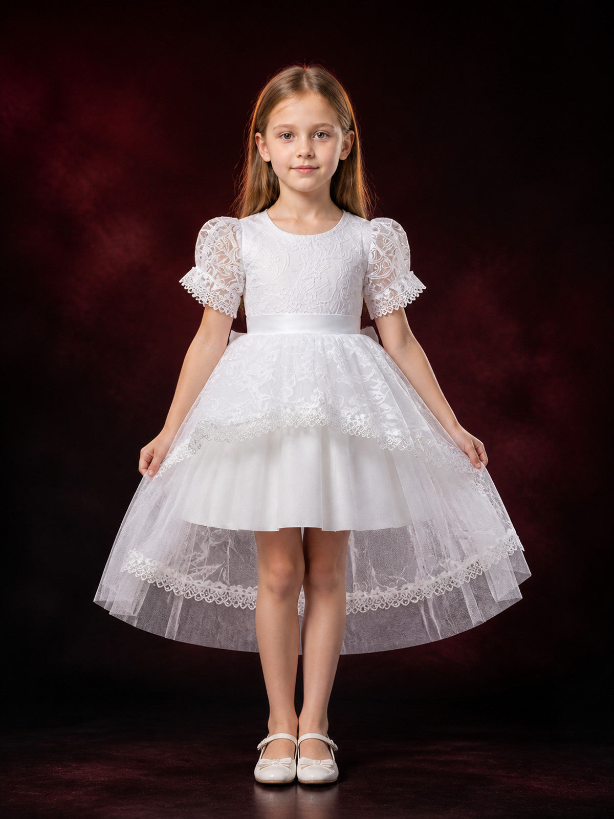 Girls' White Princess Dress, Floral Embroidered Lace Party Gown With Bow main product view