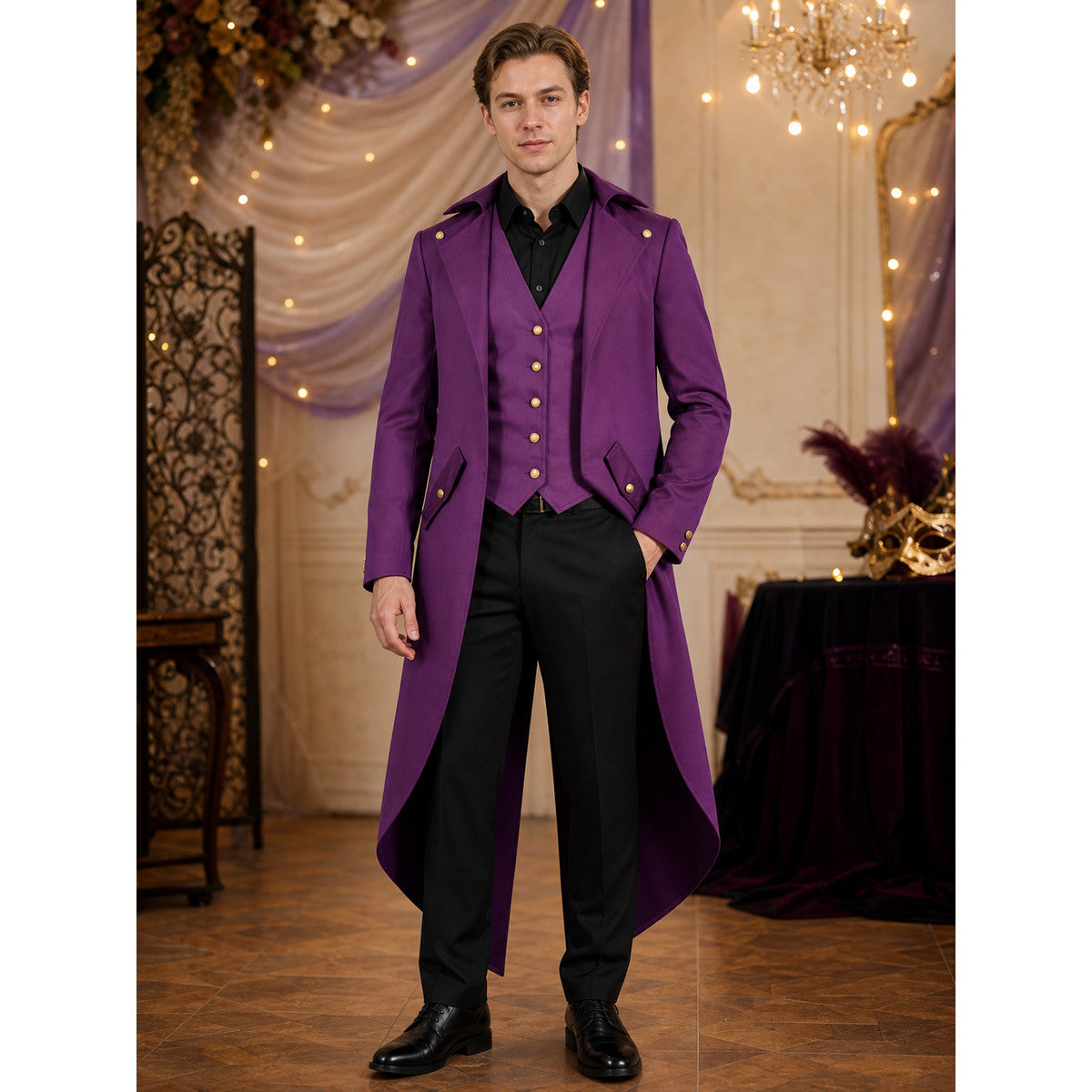Purple carnival tailcoat with gold buttons lifestyle view