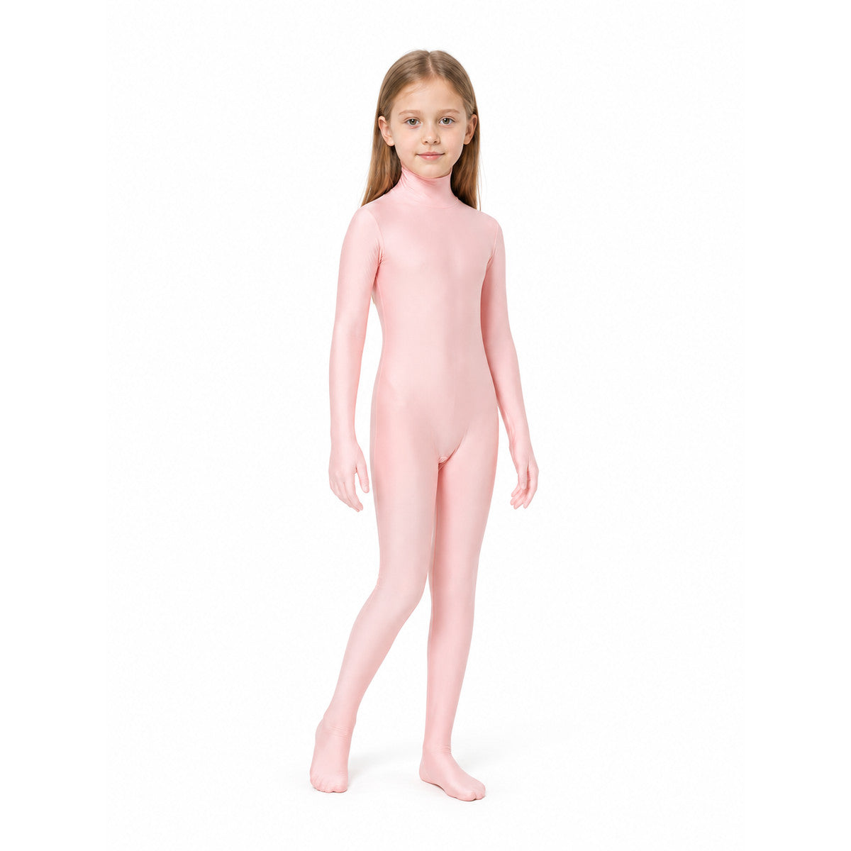 Pink jumpsuit with an open face, gloves, and socks on-model front view