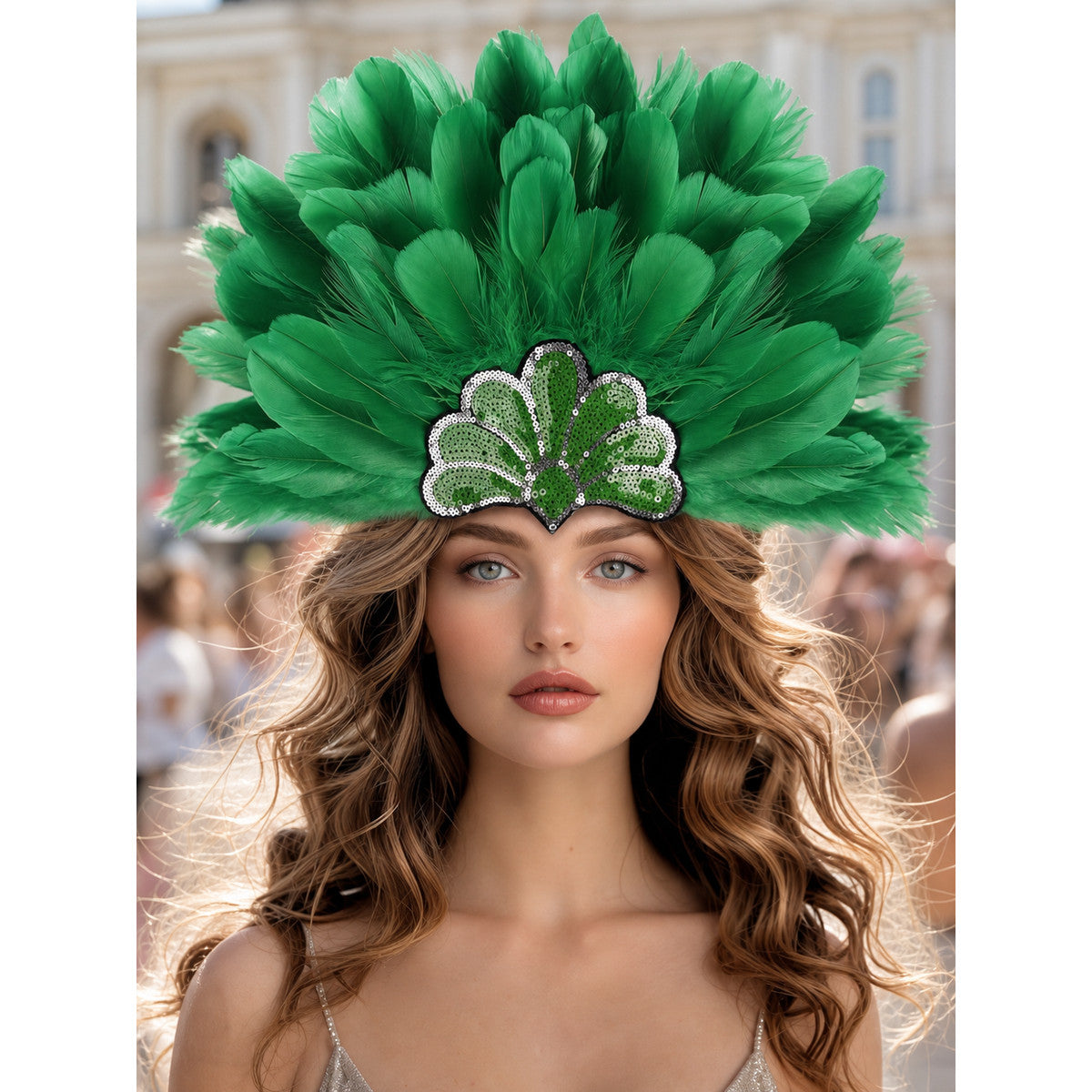 Carnival Headpiece with Green Feathers lifestyle