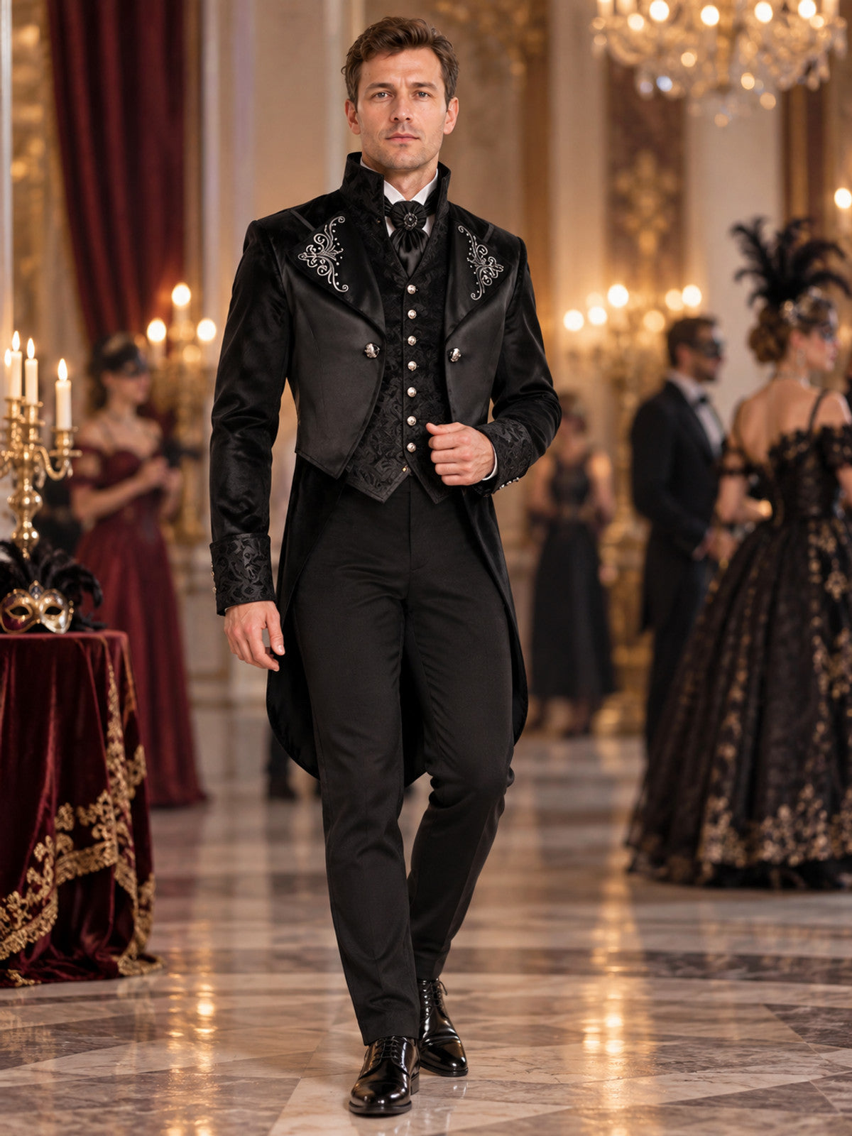 Black Tailcoat with High Collar and Silver Embroidery
