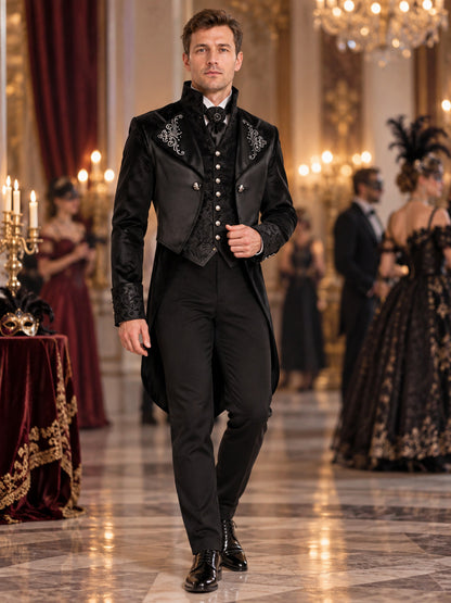 Black Tailcoat with High Collar and Silver Embroidery