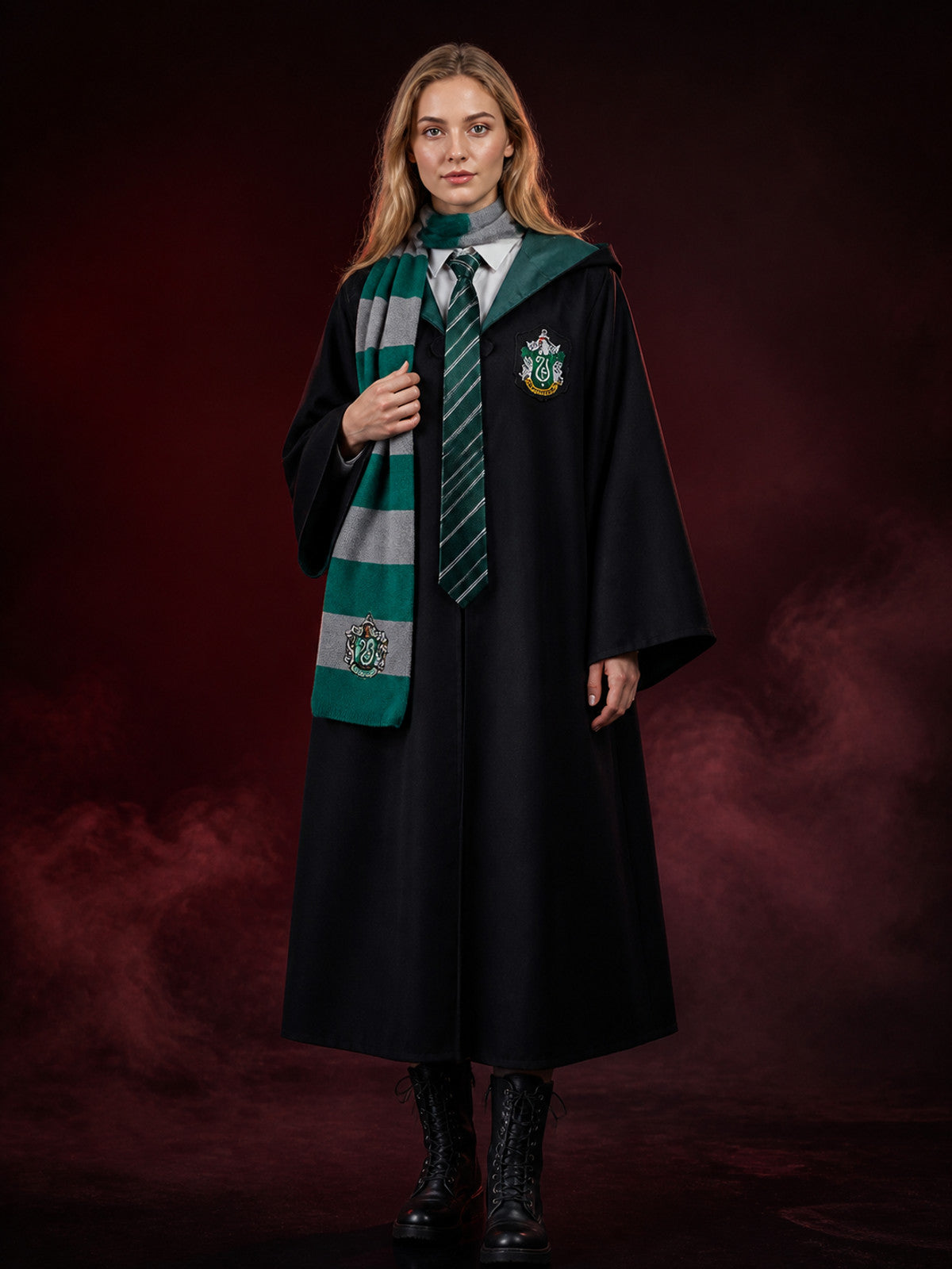 Green Gray Striped Wizard Cloak Costume Set with Hooded Robe, Scarf, and Tie