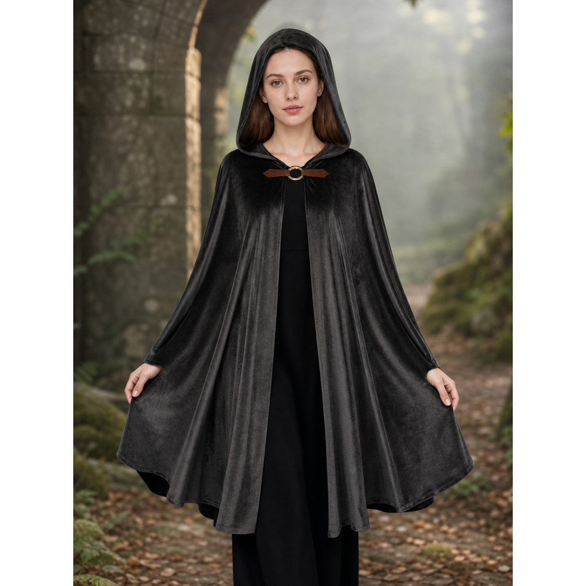 Medieval Warrior Halloween Hooded Cape Costume, 1-Piece Long Black Cloak With Brown Neck Buckle For Cosplay Performance lifestyle
