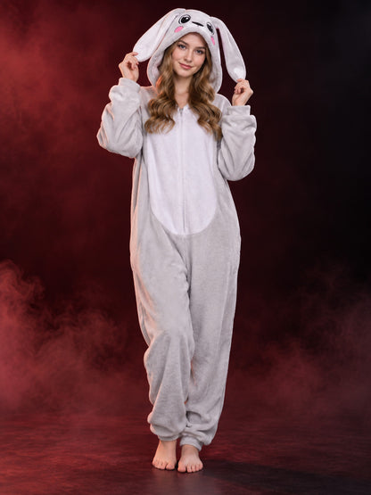 Flannel Pajama Jumpsuit with Hood and Long Ears