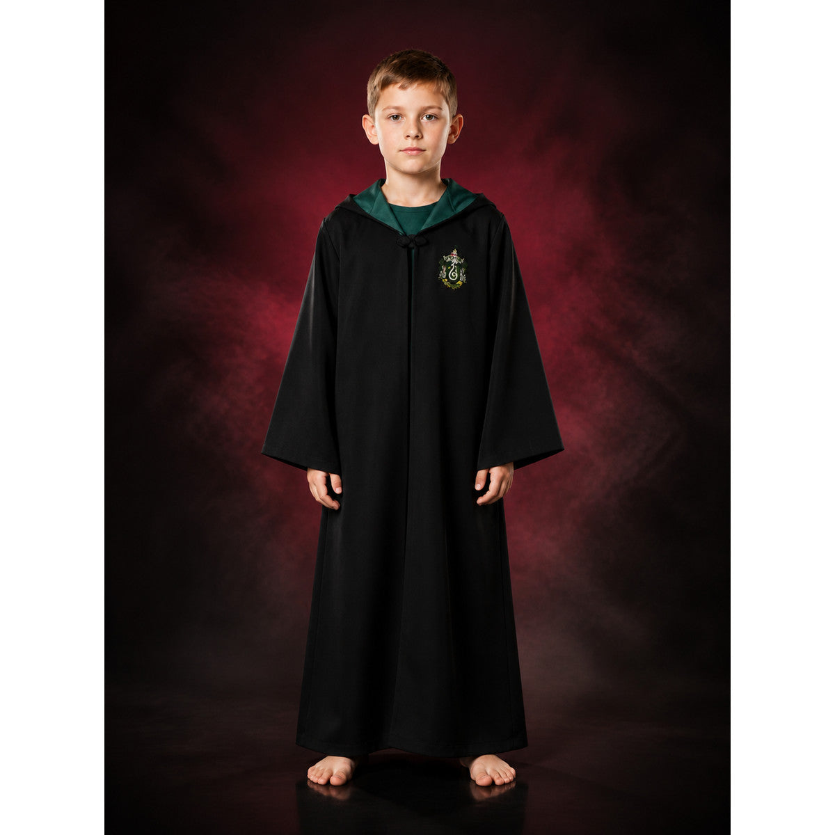 Kids' Slytherin-Themed Hooded Wizard Robe Costume, Black And Green Long-Sleeve main product view