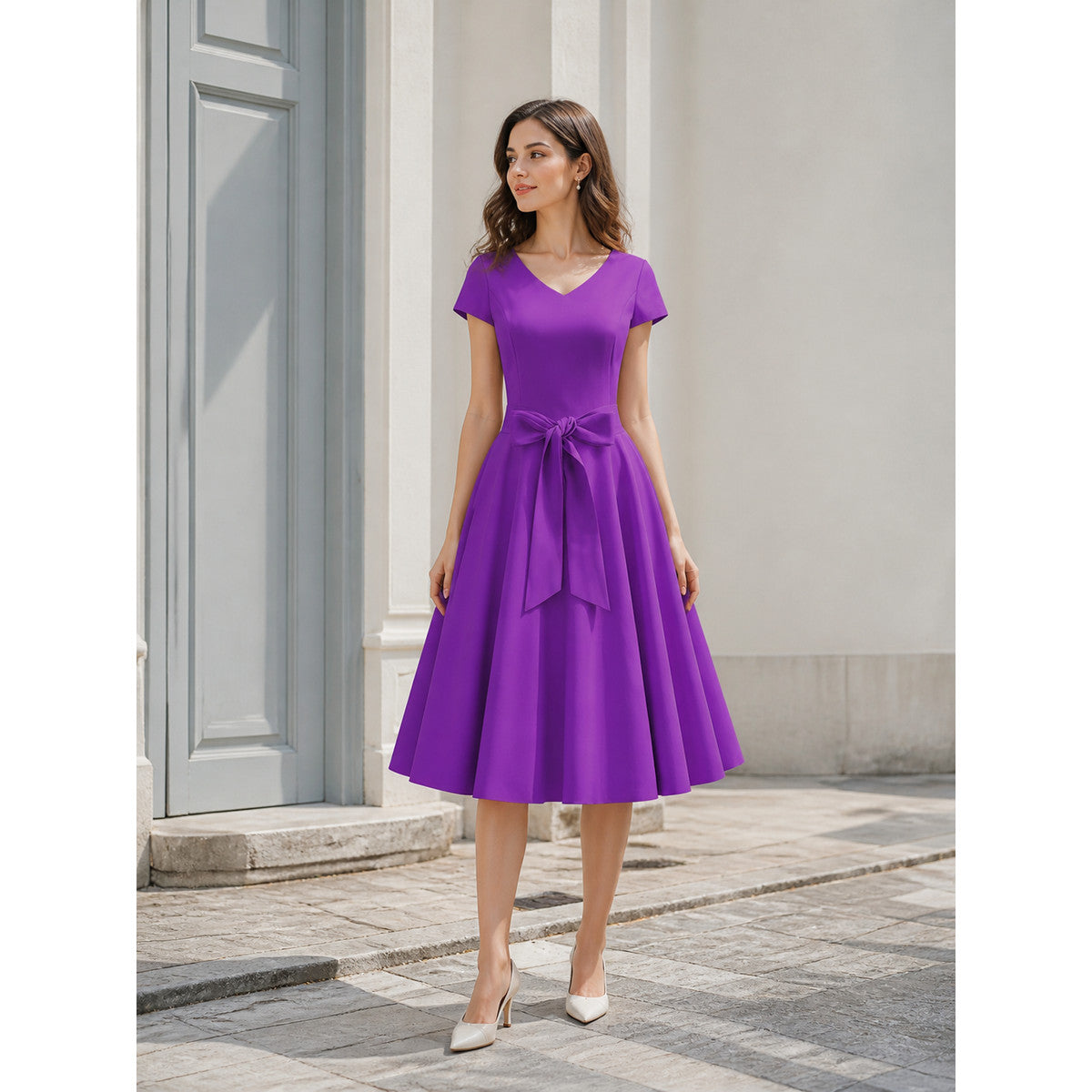 Purple V-Neck Dress with Bow