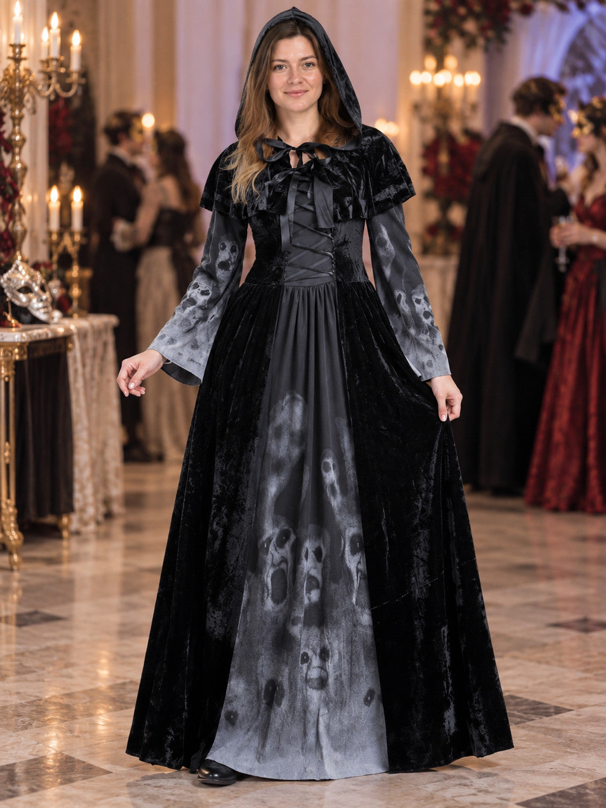Black Hooded Carnival Dress with Skull Print