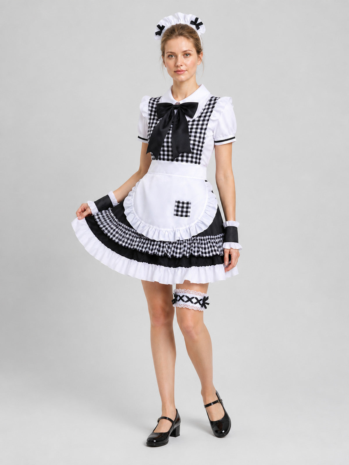 Lolita-Style Outfit with Apron, Bow, and Headband Costume Headwear detail