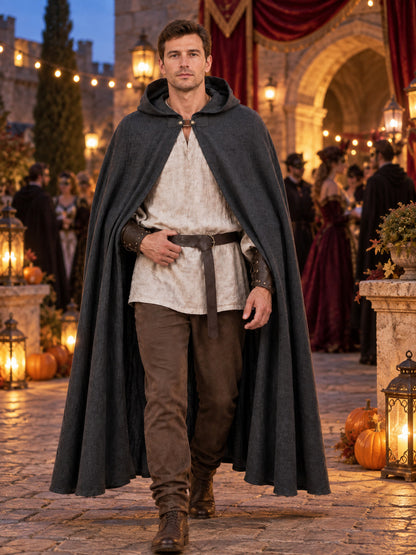 Gray polyester cape-cloak — an outerwear style worn over other clothing