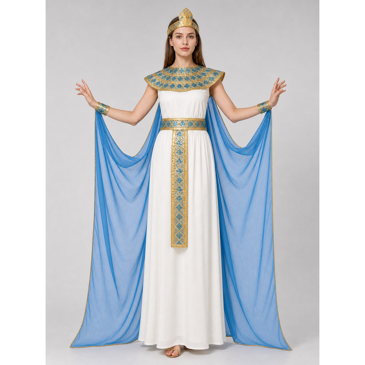 Cleopatra Costume with Blue Draping and Gold Embellishments