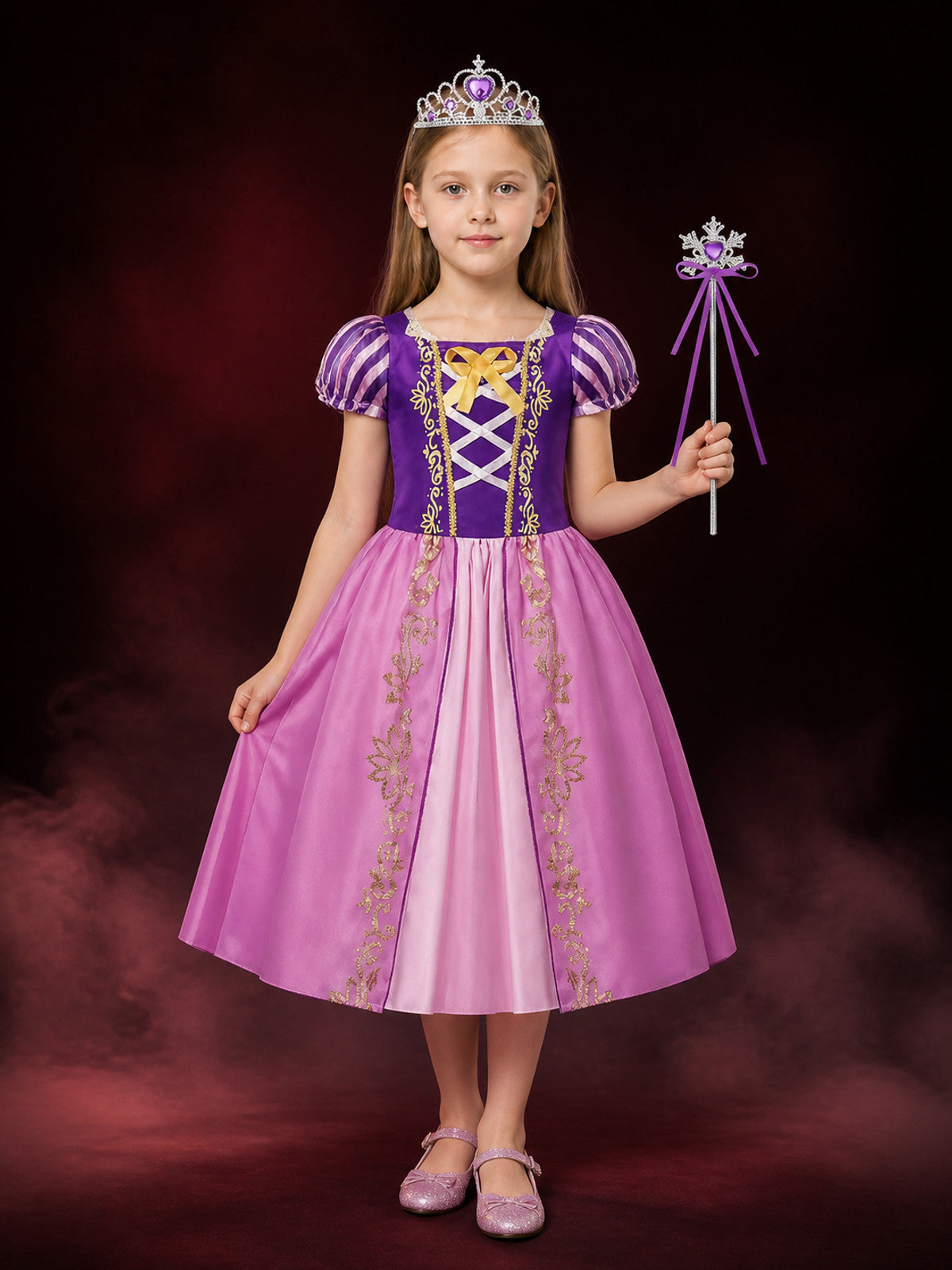 Kids Princess Costume Dress Set with Crown and Magic Wand, Pink Purple Gown