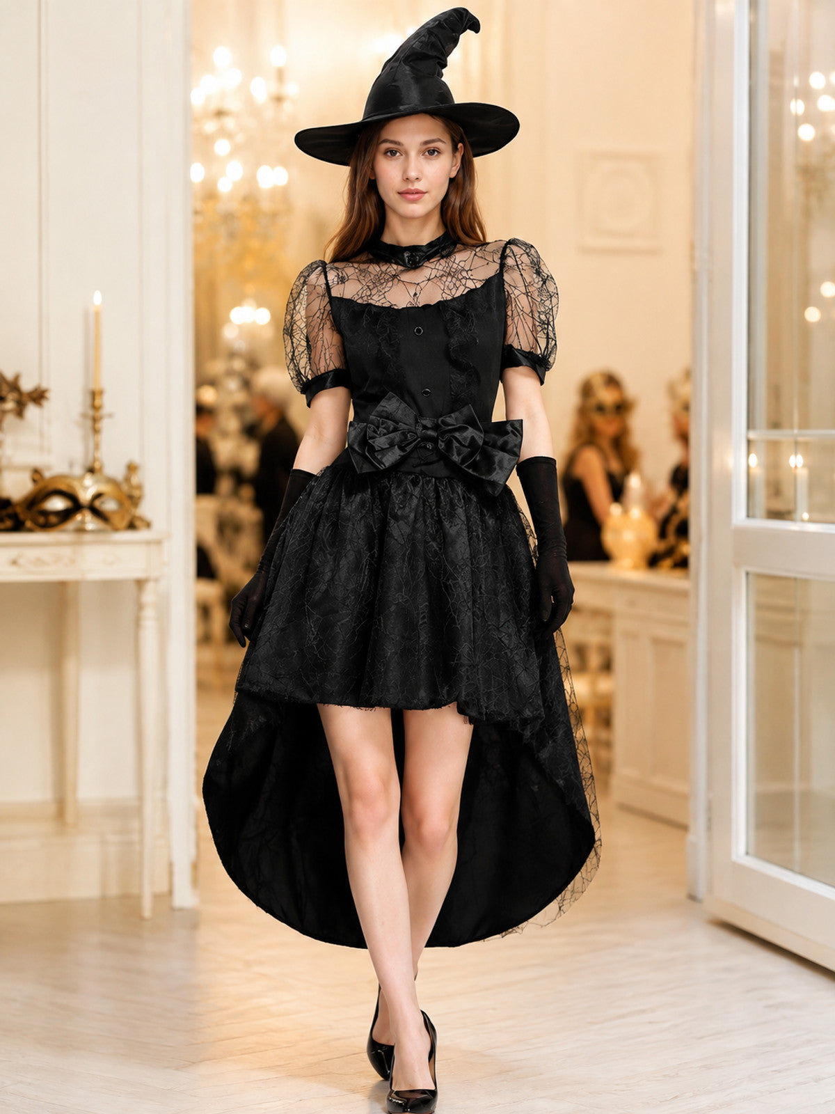 Black Witch Costume: Dress, Hat, and Gloves lifestyle view
