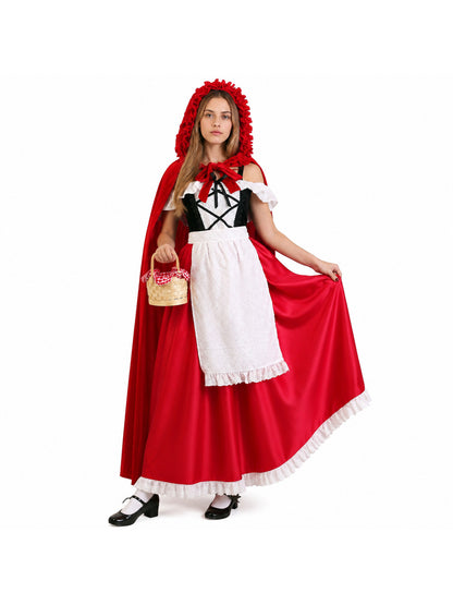 Red Dress with Hooded Cape and Lace Costume Dresses detail