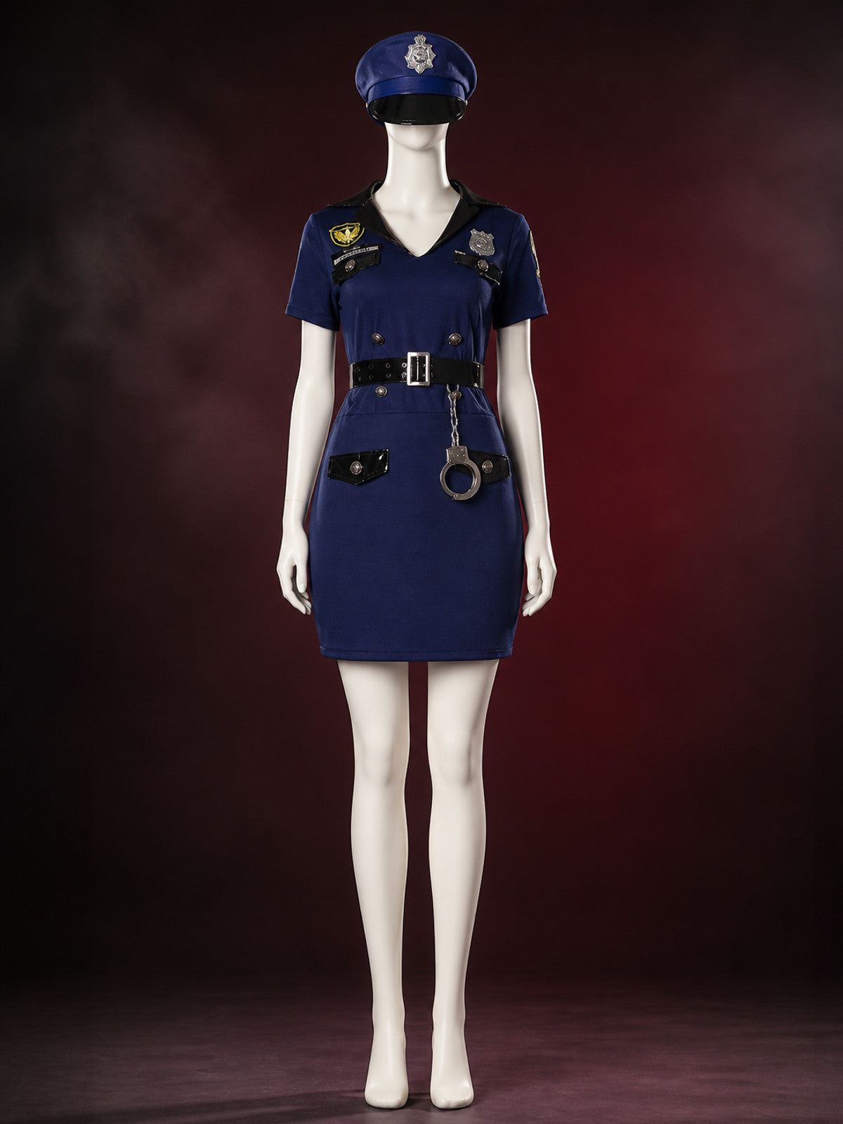 Women's Police Costume Set, Navy Collared Dress with Hat, Belt and Handcuffs main product view