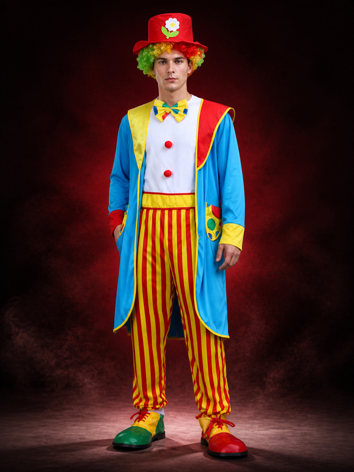 Unisex Clown Costume Set with Red Yellow Striped Jumpsuit, Blue Coat, Hat, Bow