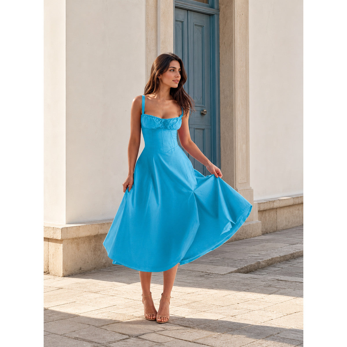 Women's Summer Dress with Thin Straps and a Full Skirt