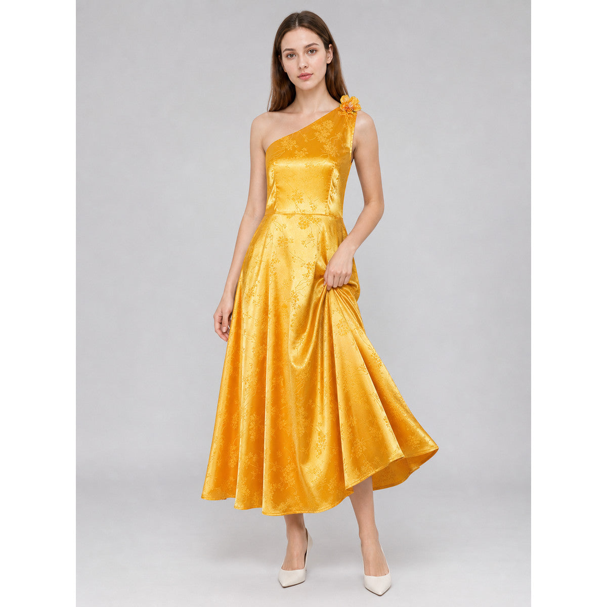 Yellow cosplay dress with floral accents lifestyle